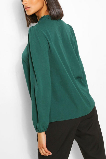 Claudia Frill Neck Blouse - Bottle Green Front