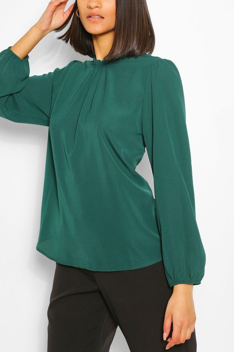 Claudia Frill Neck Blouse - Bottle Green Detail