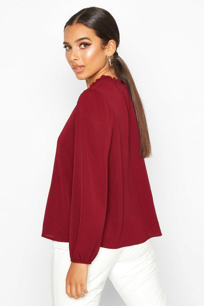 Claudia Frill Neck Blouse - Burgundy Front