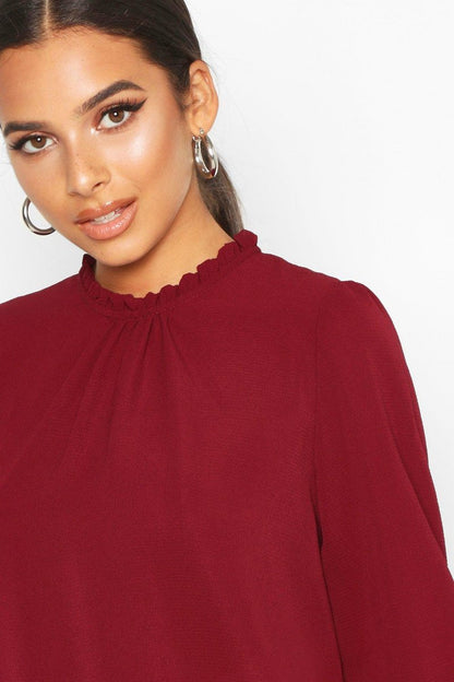 Claudia Frill Neck Blouse - Burgundy Detail