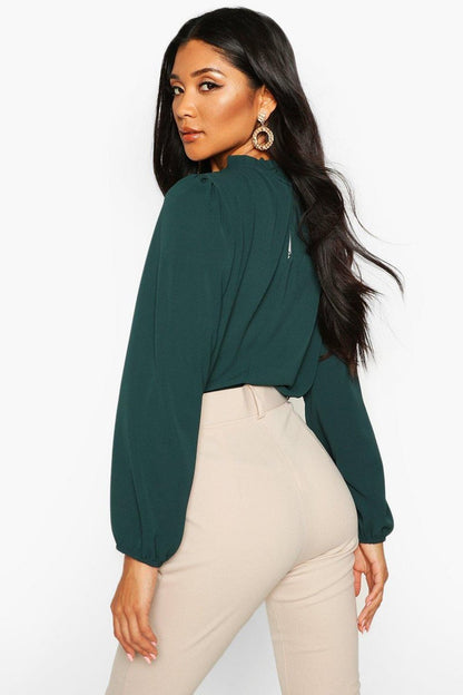Claudia Frill Neck Blouse - Emerald Front