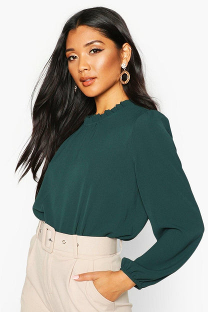 Claudia Frill Neck Blouse - Emerald Detail