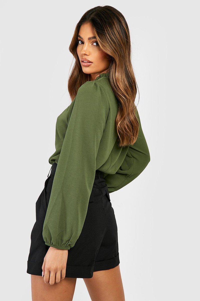 Claudia Frill Neck Blouse - Khaki Front