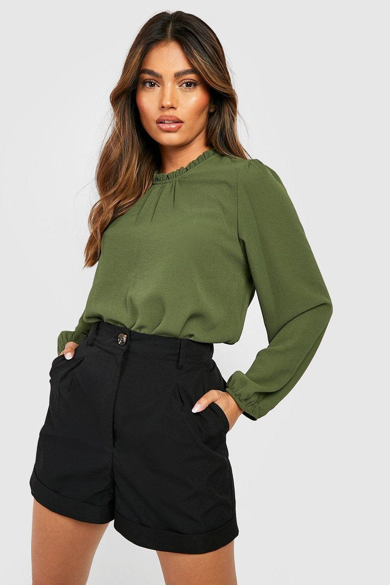 Claudia Frill Neck Blouse - Khaki Side