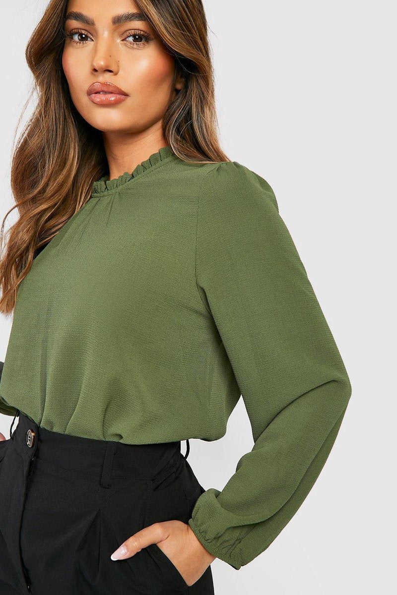 Claudia Frill Neck Blouse - Khaki Detail