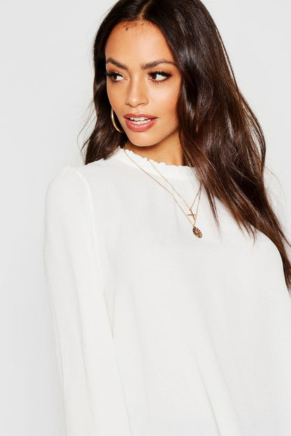 Claudia Frill Neck Blouse - Rose Pink Detail