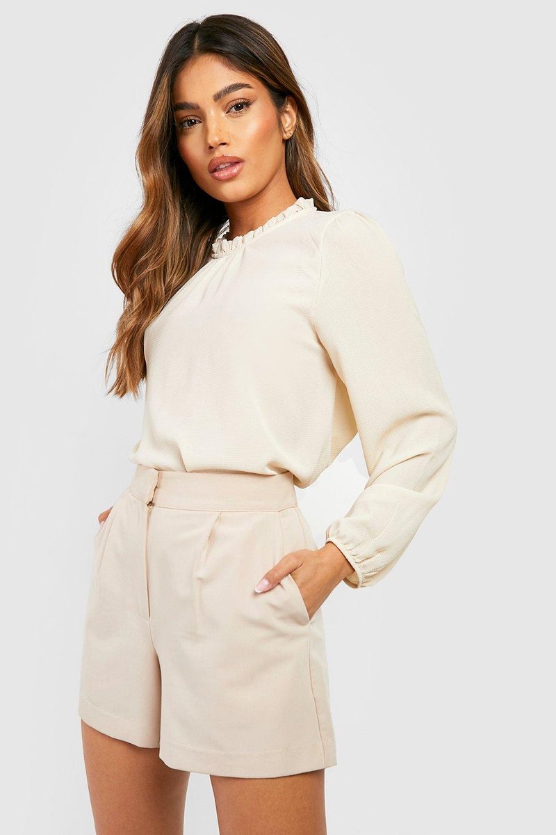 Boohoo Frill Neck Long Sleeve Woven Blouse in Stone