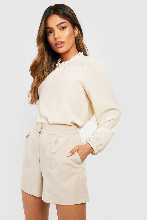 Boohoo Frill Neck Long Sleeve Woven Blouse in Stone