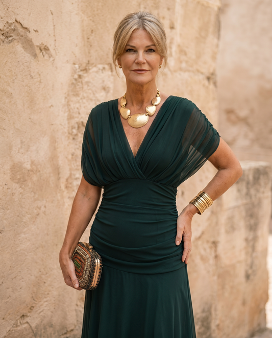 Elegant V-Neck Pleated Waist Party Maxi Dress