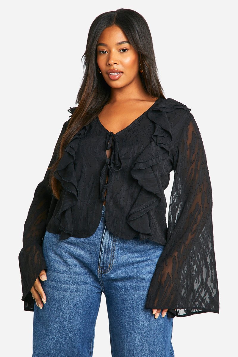 Clara | Burnout Animal Tie Front Ruffle Blouse
