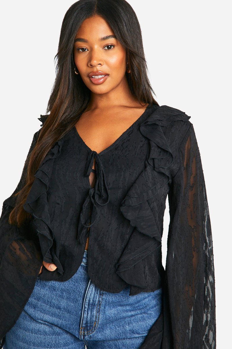 Clara | Burnout Animal Tie Front Ruffle Blouse