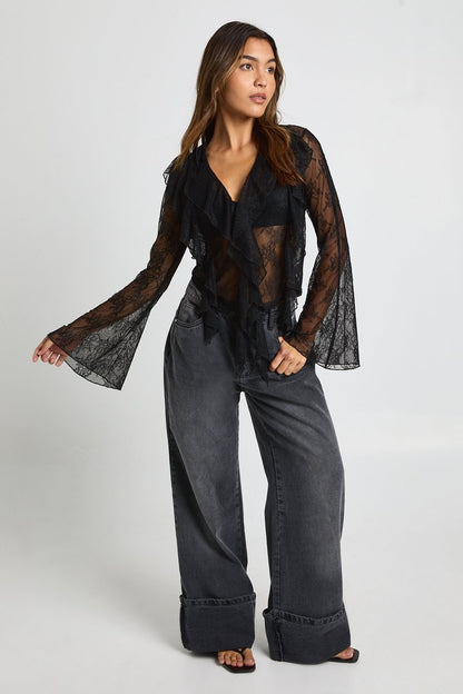Amelie | Sheer Lace Ruffle Blouse