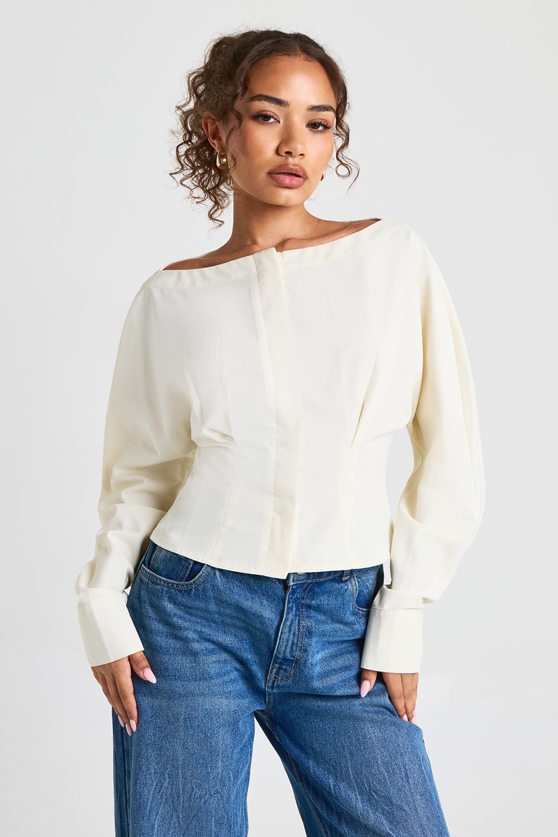 Elise | Slash Neck Pleat Waist Blouse