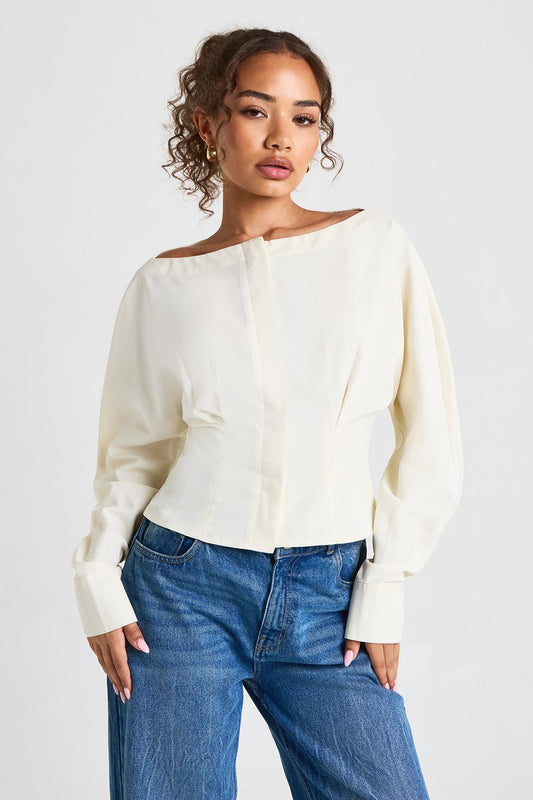 Elise | Slash Neck Pleat Waist Blouse