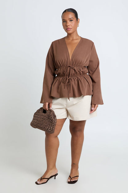 Brigitte | Flared Sleeve Tie Front Ruched Waist Top