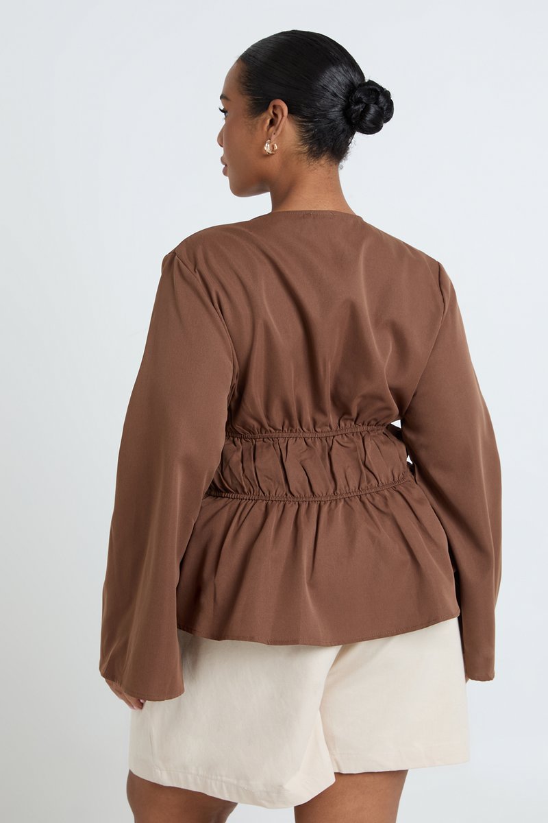 Brigitte | Flared Sleeve Tie Front Ruched Waist Top
