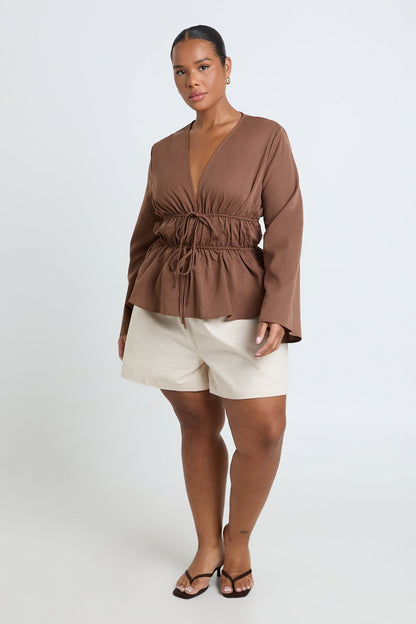Brigitte | Flared Sleeve Tie Front Ruched Waist Top