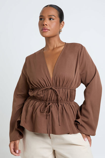 Brigitte | Flared Sleeve Tie Front Ruched Waist Top