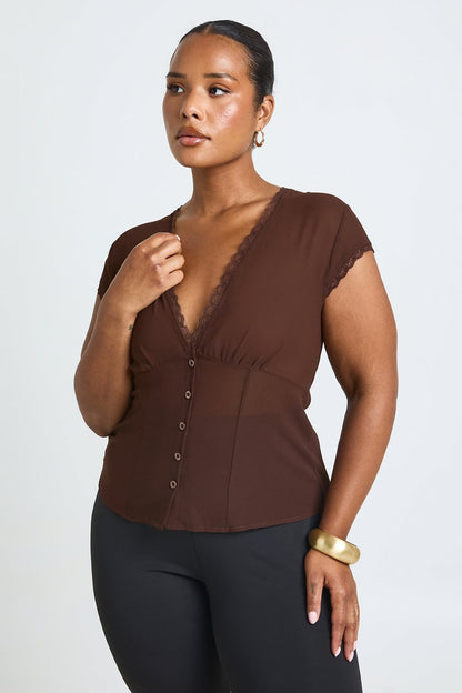 Renee | Lace Trim Button Down Top