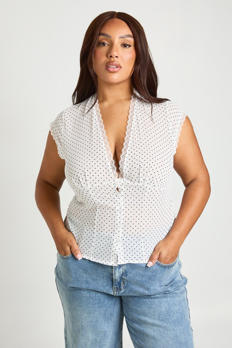 Simone | Polka Dot Lace Trim Button Down Top