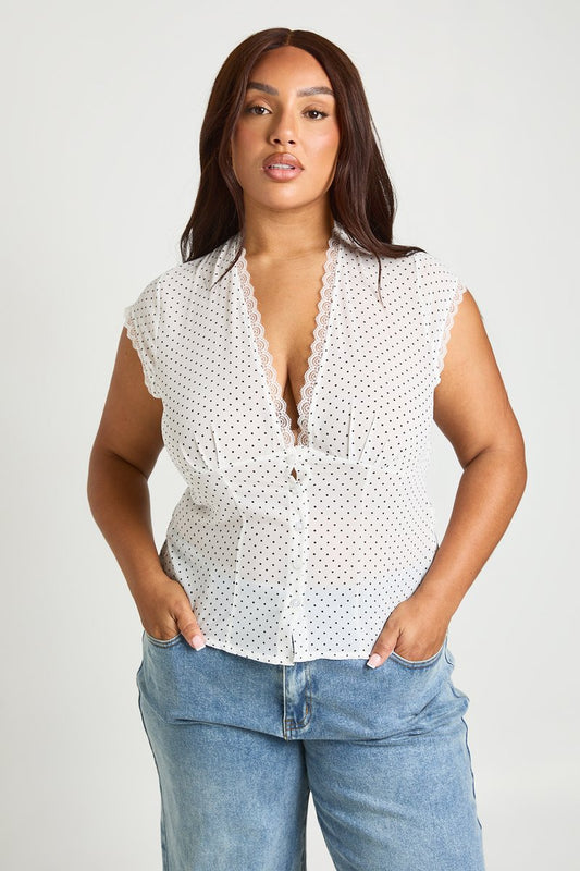 Simone | Polka Dot Lace Trim Button Down Top