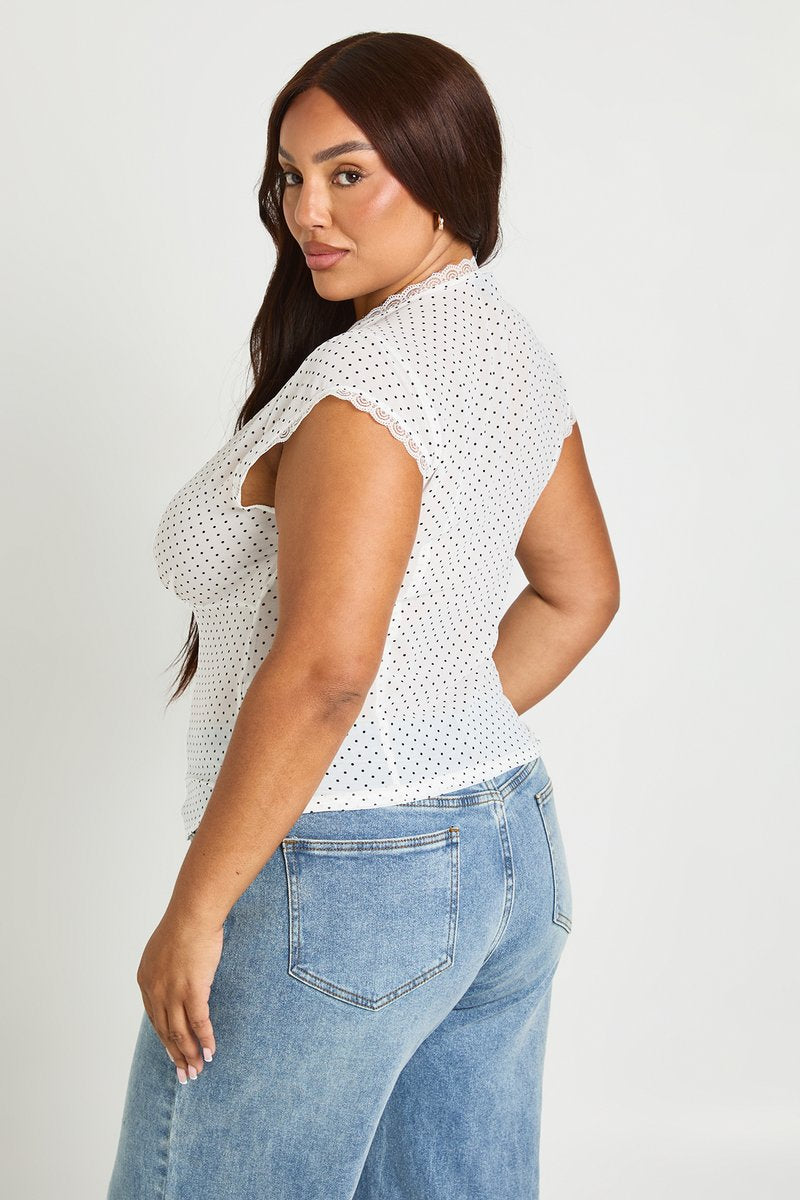 Simone | Polka Dot Lace Trim Button Down Top